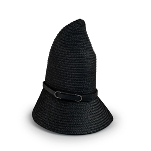 Detail of black pointed straw hat with woven texture and silver buckle leather band