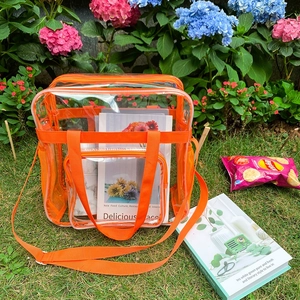 Detail der transparenten PVC-Tasche mit orangem Rand und verstellbarem Gurt