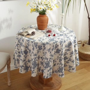 Beige cotton linen round tablecloth with vintage blue floral patterns for home decor