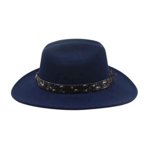 Detail of dark blue wool fedora featuring a rivet-studded patterned band and brown cord
