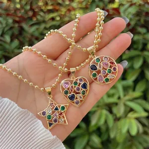 Gold plated bead chain necklaces with colorful zircon star heart and circle pendants