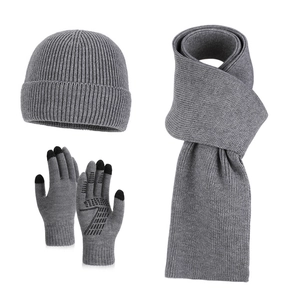 Winter 3-piece set with knitted hat, long scarf and touchscreen gloves in grey