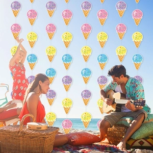 Summer beach party hanging ice cream decorations with colorful cones and sea background