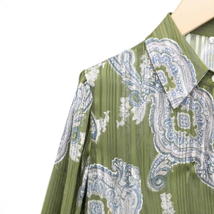 Women's green paisley print long sleeve shirt with striped textured fabric and classic collar