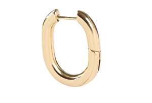 Polished gold U-shaped oval hoop earring with invisible hinge closure on white background