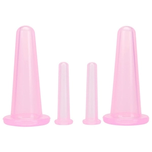 Set of four pink silicone vacuum facial cupping cups in two sizes for professional massage