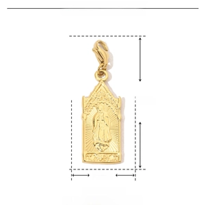 Detailed view of golden stainless steel Virgin Mary pendant with technical measurements