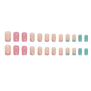24pcs pink and green striped French press-on nails in medium square round shape