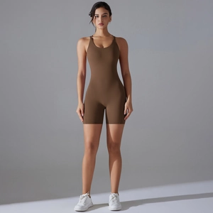 Detail of coffee-colored ribbed yoga bodysuit featuring slim straps and U-neckline