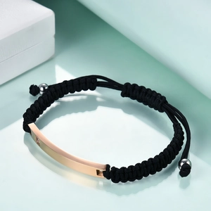 7mm rose gold metal bar black braided rope bracelet with zircon and adjustable pull cord