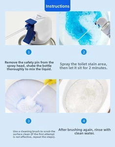 Guide showing steps for applying foaming toilet cleaner to prevent splashes and odors