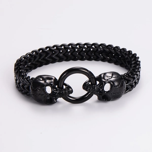 Gothic punk black stainless steel bracelet with double-row chain and skull ring clasp