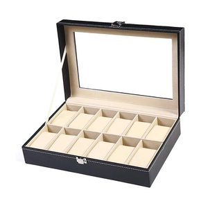 12-slot black PU leather watch box with transparent glass lid and beige velvet pillows