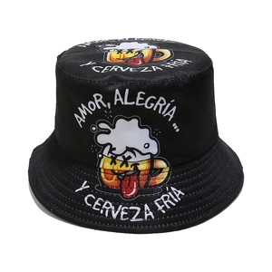 Cartoon Beer Print Bucket Hat Polyester Spanish Text Sun Protection Music Festival Streetwear For Men And Women