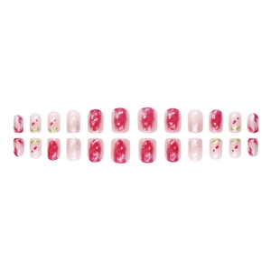 Summer cherry design press-on nails with red gradient and silver glitter, 24 piece set