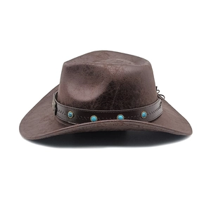 Detailansicht eines dunkelbraunen Western-Cowboyhuts mit Vintage-Kunstleder-Crackle-Textur