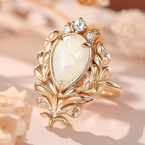 Macro shot of water-drop opal ring with gold leaf texture and sparkling zircon accents