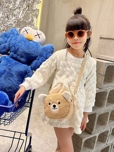 Cute brown teddy bear fleece shoulder bag for girls with adjustable strap and plush texture