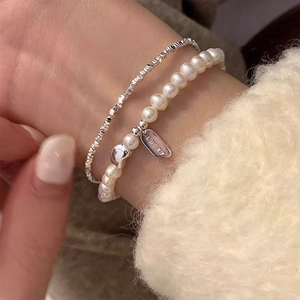 925 Sterling Silver Freshwater Pearl Bracelet For Women Lucky Square Plate Minimalist Double Layer Jewelry Birthday Gift