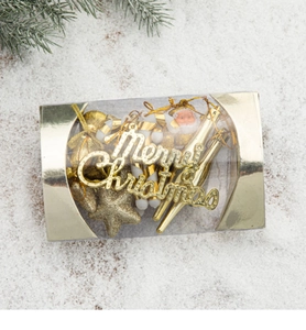 Christmas tree ornaments set featuring gold star, Santa, candy canes and Merry Christmas sign