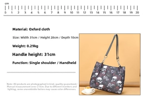 Detailed size chart of Oxford fabric handbag with skull and floral pattern 31x28x10cm
