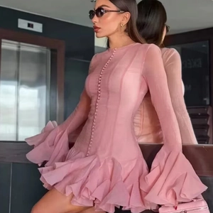 Sweet Long Sleeve Mini Dress Ruffled Chiffon Tiered Hem Button Front Round Neck Elegant Lolita Style For Women