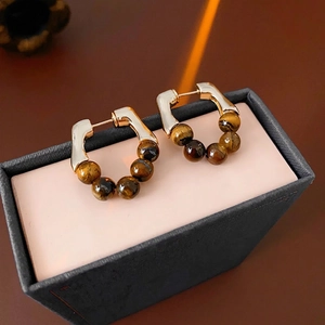 Maillard style tiger eye beaded C-shaped hoop earrings with gold plated geometric design