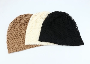 Three-color hollow knit beanies in brown beige and black with diamond mesh texture