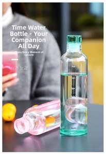 Detailed view of 12-hour time scale markings on glass water bottles in mint and pink