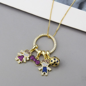 Custom gold plated family pendant necklace with zirconia boy girl charms and football