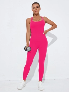 Macro shot of rose pink seamless yoga unitard with racerback and high stretch fabric