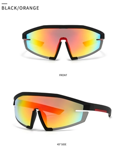 Detail view of oversized black frame sports sunglasses with orange gradient lenses