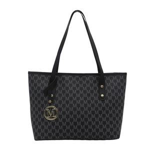 Chic grey tote bag with monogram print, slim black handles and gold logo pendant