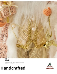Detail of rose gold Santa doll with pearl buttons, sequins and a reindeer charm