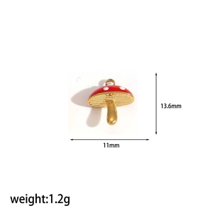 Detailed view of red mushroom charm with gold base, size 13.6mm by 11mm, 1.2g weight