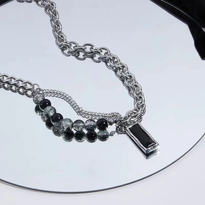 Unisex Asymmetric Double Layer Necklace Titanium Steel Synthetic Stone Rectangular Pendant Punk Industrial Street Jewelry