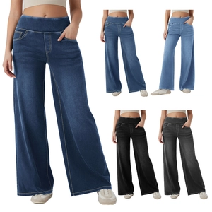 Damen High Waisted Wide Leg Jeans Elastischer Bund Denim Hosen Kontrastnaht Locker Lässig Taschen