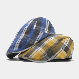 Béret classique à carreaux pour hommes en tissu texturé bleu et jaune pour l'automne