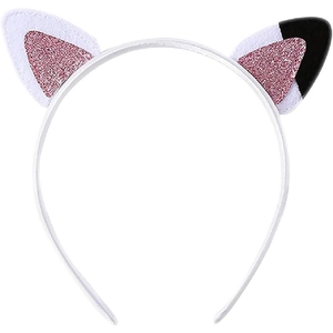 Cute white cat ear headband with pink sequins and black accents for Halloween parties