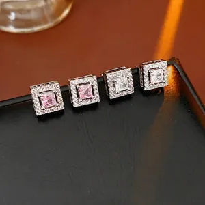 Square Zircon Stud Earrings With Silver Earring Post Elegant Shiny Luxury Halo Jewelry For Women Fashion Minimalist
