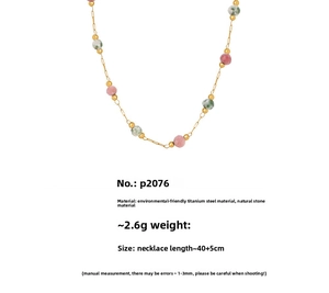 Detailed specs of double-layered gold plated necklace with pink and green natural stones