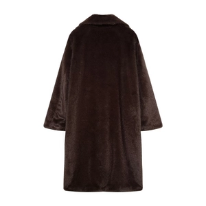 Detailed back view of dark brown faux fur coat showing smooth texture and thick fabric