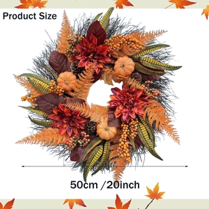Couronne Automne Thanksgiving Citrouille Artificielle Dahlia Satin Baie Pomme De Pin Décoration Suspension Porte