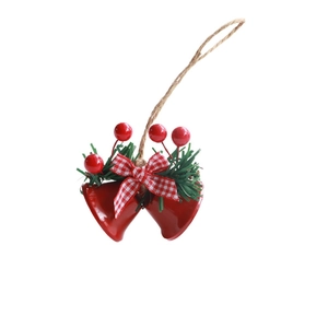 Christmas red metal double bells with plaid bow and pine needle hanging decoration