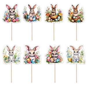 Lot de 8 décorations pour cupcakes de Pâques avec lapins aquarelles et œufs colorés