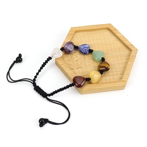 Handmade heart-shaped seven chakra natural stone woven bracelet with adjustable black cord