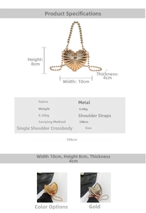 Detailed size specifications for heart-shaped metal mini evening bag with beaded strap