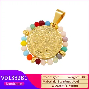 Pendente San Benedetto in acciaio inossidabile con perline colorate, oro, 28x36mm