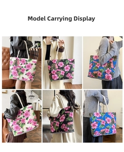 Detailed views of ethnic canvas tote bags with hibiscus prints in white, black and blue colors