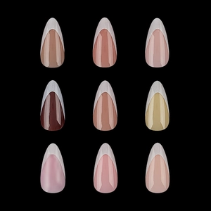 Faux ongles amande French en 9 couleurs unies avec une finition brillante miroir